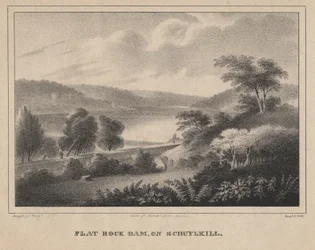 Flat Rock Dam, ved Schuykill, graveret af Moses Swett, 1827